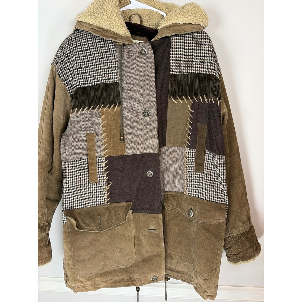 LC Vintage Patchwork Leather Wool Parka Jacket Hooded Brown Multi Medium